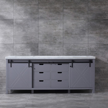 Marsyas 84" Dark Grey Double Vanity, White Carrara Marble Top, White Square Sinks And No Mirror