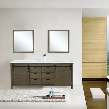 Marsyas 84" Rustic Brown Double Vanity, White Quartz Top, White Square Sinks And 34" Mirrors