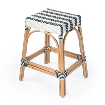 Robias  24.5" Navy & White Rectangular Rattan Counter Stool