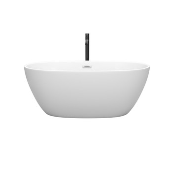 Juno 59 Inch Freestanding Bathtub In Matte White With Polished Chrome Trim And Floor Mounted Faucet In Matte Black