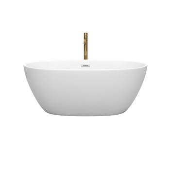 Juno 59 Inch Freestanding Bathtub In Matte White With Polished Chrome Trim And Floor Mounted Faucet In Brushed Gold