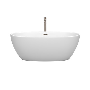 Juno 63 Inch Freestanding Bathtub In Matte White With Floor Mounted Faucet, Drain And Overflow Trim In Brushed Nickel