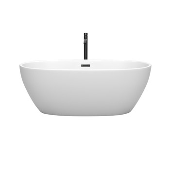 Juno 63 Inch Freestanding Bathtub In Matte White With Floor Mounted Faucet, Drain And Overflow Trim In Matte Black