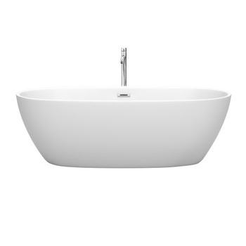 Juno 71 Inch Freestanding Bathtub In Matte White With Floor Mounted Faucet, Drain And Overflow Trim In Polished Chrome