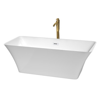 Tiffany 67 Inch Freestanding Bathtub In White With Shiny White Trim And Floor Mounted Faucet In Brushed Gold