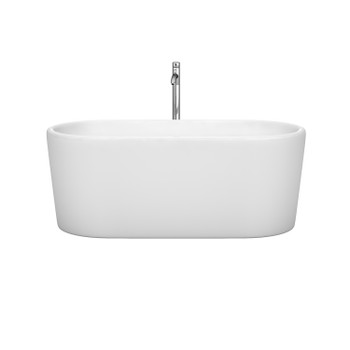 Ursula 59 Inch Freestanding Bathtub In White With Floor Mounted Faucet, Drain And Overflow Trim In Polished Chrome