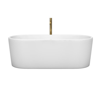 Ursula 67 Inch Freestanding Bathtub In White With Shiny White Trim And Floor Mounted Faucet In Brushed Gold