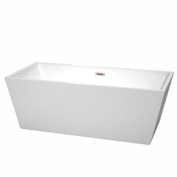 Sara 67 Inch Freestanding Bathtub In White With Brushed Nickel Drain And Overflow Trim