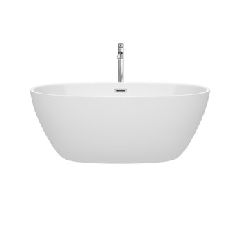 Juno 59 Inch Freestanding Bathtub In White With Floor Mounted Faucet, Drain And Overflow Trim In Polished Chrome