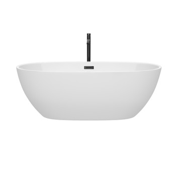 Juno 67 Inch Freestanding Bathtub In White With Floor Mounted Faucet, Drain And Overflow Trim In Matte Black