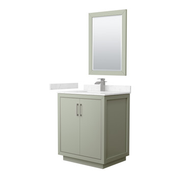 Icon 30 Inch Single Bathroom Vanity In Light Green, Carrara Cultured Marble Countertop, Undermount Square Sink, Brushed Nickel Trim, 24 Inch Mirror