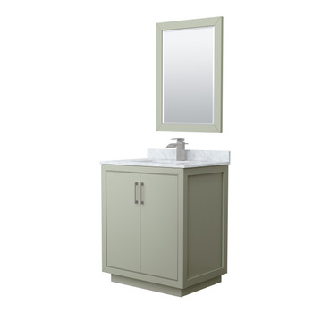 Icon 30 Inch Single Bathroom Vanity In Light Green, White Carrara Marble Countertop, Undermount Square Sink, Brushed Nickel Trim, 24 Inch Mirror