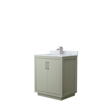 Icon 30 Inch Single Bathroom Vanity In Light Green, White Carrara Marble Countertop, Undermount Square Sink, Brushed Nickel Trim