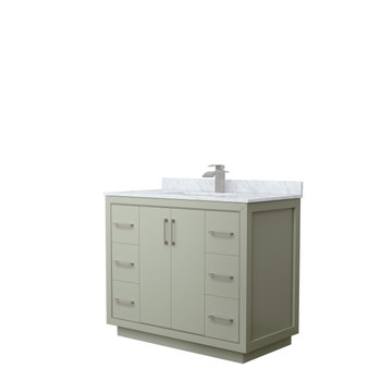 Icon 42 Inch Single Bathroom Vanity In Light Green, White Carrara Marble Countertop, Undermount Square Sink, Brushed Nickel Trim