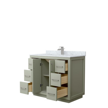 Icon 42 Inch Single Bathroom Vanity In Light Green, White Carrara Marble Countertop, Undermount Square Sink, Brushed Nickel Trim