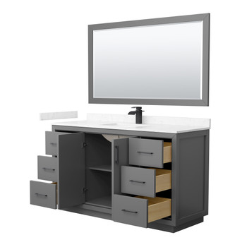 Icon 60 Inch Single Bathroom Vanity In Dark Gray, Carrara Cultured Marble Countertop, Undermount Square Sink, Matte Black Trim, 58 Inch Mirror