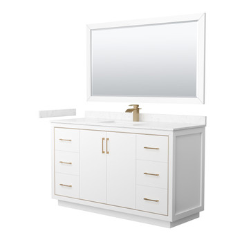Icon 60 Inch Single Bathroom Vanity In White, Carrara Cultured Marble Countertop, Undermount Square Sink, Satin Bronze Trim, 58 Inch Mirror