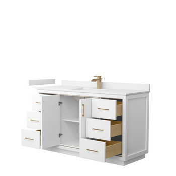 Icon 60 Inch Single Bathroom Vanity In White, White Cultured Marble Countertop, Undermount Square Sink, Satin Bronze Trim