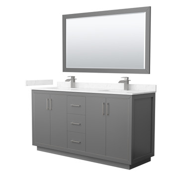 Icon 66 Inch Double Bathroom Vanity In Dark Gray, Carrara Cultured Marble Countertop, Undermount Square Sinks, Brushed Nickel Trim, 58 Inch Mirror