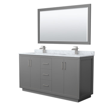 Icon 66 Inch Double Bathroom Vanity In Dark Gray, White Carrara Marble Countertop, Undermount Square Sinks, Brushed Nickel Trim, 58 Inch Mirror