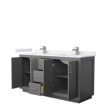 Icon 66 Inch Double Bathroom Vanity In Dark Gray, White Cultured Marble Countertop, Undermount Square Sinks, Brushed Nickel Trim