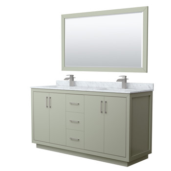 Icon 66 Inch Double Bathroom Vanity In Light Green, White Carrara Marble Countertop, Undermount Square Sinks, Brushed Nickel Trim, 58 Inch Mirror