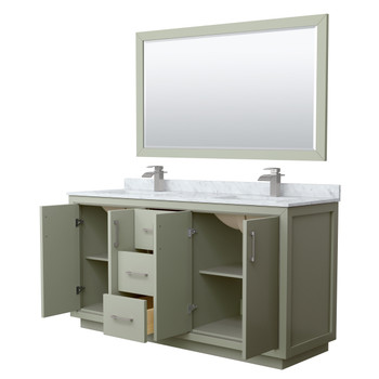 Icon 66 Inch Double Bathroom Vanity In Light Green, White Carrara Marble Countertop, Undermount Square Sinks, Brushed Nickel Trim, 58 Inch Mirror