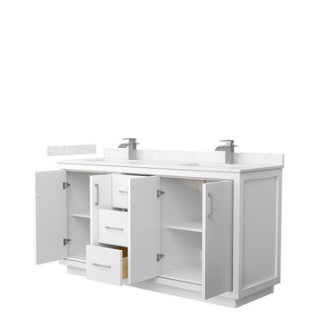 Icon 66 Inch Double Bathroom Vanity In White, Carrara Cultured Marble Countertop, Undermount Square Sinks, Brushed Nickel Trim