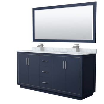 Icon 72 Inch Double Bathroom Vanity In Dark Blue, White Carrara Marble Countertop, Undermount Square Sinks, Brushed Nickel Trim, 70 Inch Mirror