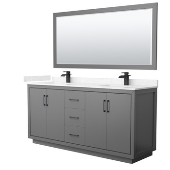 Icon 72 Inch Double Bathroom Vanity In Dark Gray, Carrara Cultured Marble Countertop, Undermount Square Sinks, Matte Black Trim, 70 Inch Mirror
