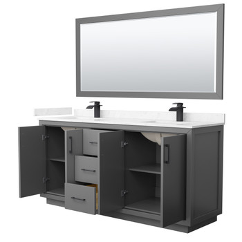 Icon 72 Inch Double Bathroom Vanity In Dark Gray, Carrara Cultured Marble Countertop, Undermount Square Sinks, Matte Black Trim, 70 Inch Mirror