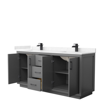Icon 72 Inch Double Bathroom Vanity In Dark Gray, Carrara Cultured Marble Countertop, Undermount Square Sinks, Matte Black Trim