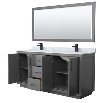 Icon 72 Inch Double Bathroom Vanity In Dark Gray, White Carrara Marble Countertop, Undermount Square Sinks, Matte Black Trim, 70 Inch Mirror