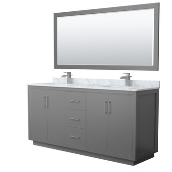 Icon 72 Inch Double Bathroom Vanity In Dark Gray, White Carrara Marble Countertop, Undermount Square Sinks, Brushed Nickel Trim, 70 Inch Mirror