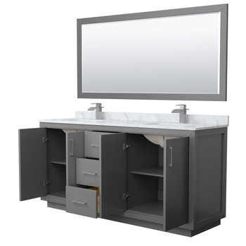 Icon 72 Inch Double Bathroom Vanity In Dark Gray, White Carrara Marble Countertop, Undermount Square Sinks, Brushed Nickel Trim, 70 Inch Mirror