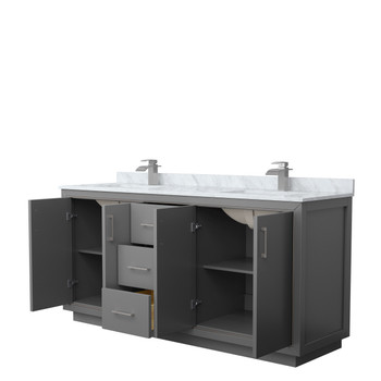 Icon 72 Inch Double Bathroom Vanity In Dark Gray, White Carrara Marble Countertop, Undermount Square Sinks, Brushed Nickel Trim