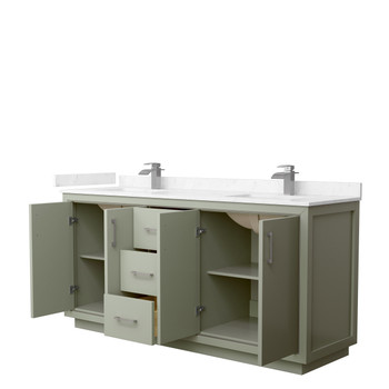 Icon 72 Inch Double Bathroom Vanity In Light Green, Carrara Cultured Marble Countertop, Undermount Square Sinks, Brushed Nickel Trim