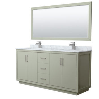 Icon 72 Inch Double Bathroom Vanity In Light Green, White Carrara Marble Countertop, Undermount Square Sinks, Brushed Nickel Trim, 70 Inch Mirror