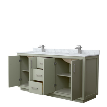 Icon 72 Inch Double Bathroom Vanity In Light Green, White Carrara Marble Countertop, Undermount Square Sinks, Brushed Nickel Trim