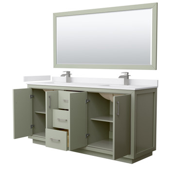 Icon 72 Inch Double Bathroom Vanity In Light Green, White Cultured Marble Countertop, Undermount Square Sinks, Brushed Nickel Trim, 70 Inch Mirror