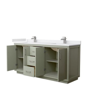 Icon 72 Inch Double Bathroom Vanity In Light Green, White Cultured Marble Countertop, Undermount Square Sinks, Brushed Nickel Trim