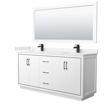 Icon 72 Inch Double Bathroom Vanity In White, Carrara Cultured Marble Countertop, Undermount Square Sinks, Matte Black Trim, 70 Inch Mirror