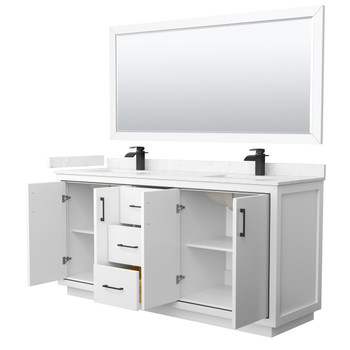 Icon 72 Inch Double Bathroom Vanity In White, Carrara Cultured Marble Countertop, Undermount Square Sinks, Matte Black Trim, 70 Inch Mirror