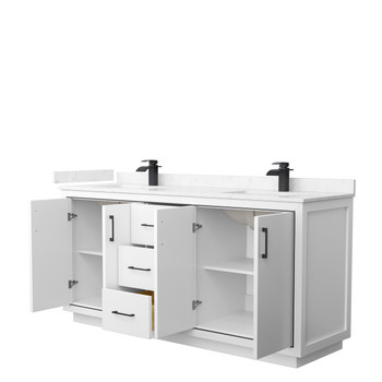 Icon 72 Inch Double Bathroom Vanity In White, Carrara Cultured Marble Countertop, Undermount Square Sinks, Matte Black Trim