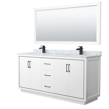 Icon 72 Inch Double Bathroom Vanity In White, White Carrara Marble Countertop, Undermount Square Sinks, Matte Black Trim, 70 Inch Mirror