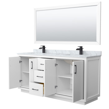 Icon 72 Inch Double Bathroom Vanity In White, White Carrara Marble Countertop, Undermount Square Sinks, Matte Black Trim, 70 Inch Mirror