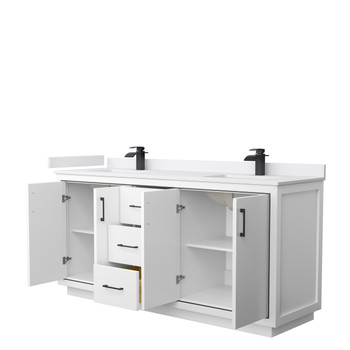 Icon 72 Inch Double Bathroom Vanity In White, White Cultured Marble Countertop, Undermount Square Sinks, Matte Black Trim