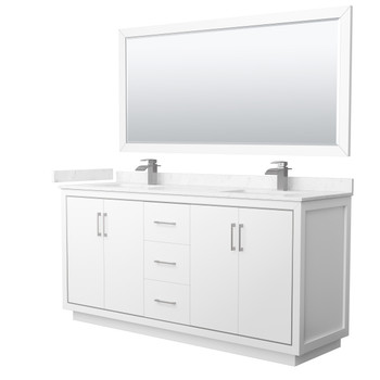 Icon 72 Inch Double Bathroom Vanity In White, Carrara Cultured Marble Countertop, Undermount Square Sinks, Brushed Nickel Trim, 70 Inch Mirror