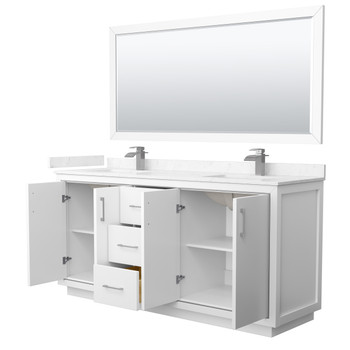 Icon 72 Inch Double Bathroom Vanity In White, Carrara Cultured Marble Countertop, Undermount Square Sinks, Brushed Nickel Trim, 70 Inch Mirror