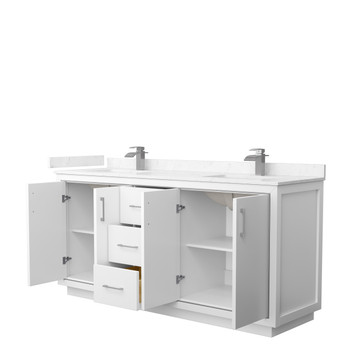 Icon 72 Inch Double Bathroom Vanity In White, Carrara Cultured Marble Countertop, Undermount Square Sinks, Brushed Nickel Trim